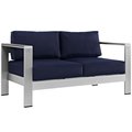 Modway Shore Outdoor Patio Aluminum Loveseat, Silver and Navy EEI-2267-SLV-NAV